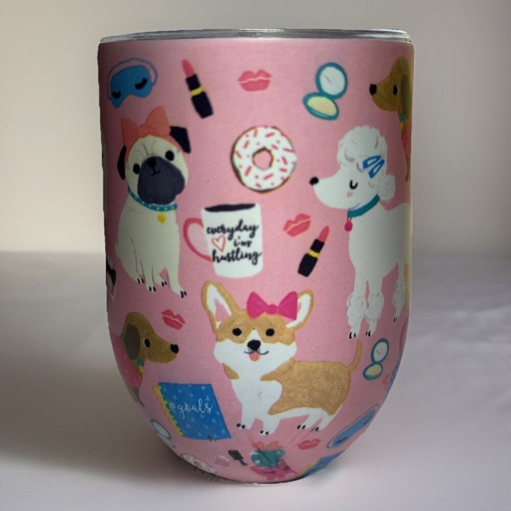 Corgi Pug Poodle Boxer Frenchie Insulated Wine Tumbler Pink 12oz Cup with Lid